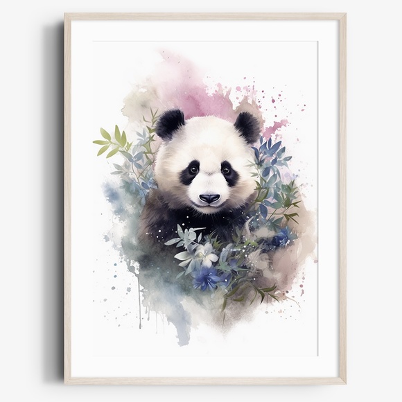 Other - Watercolor Panda Bear With Flowers Portrait Wall Art Illustration Print Unframed
